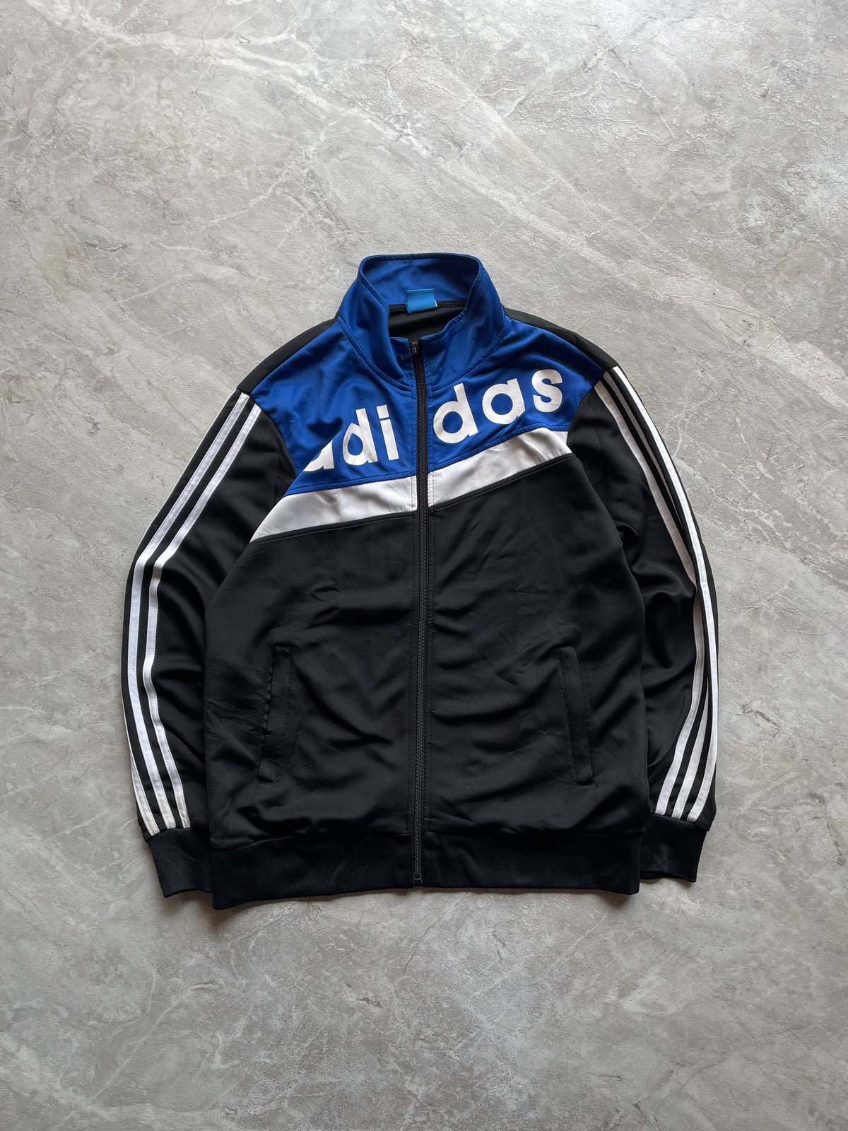 BLUE, WHITE AND BLACK ADIDAS TRACK JACKET-M