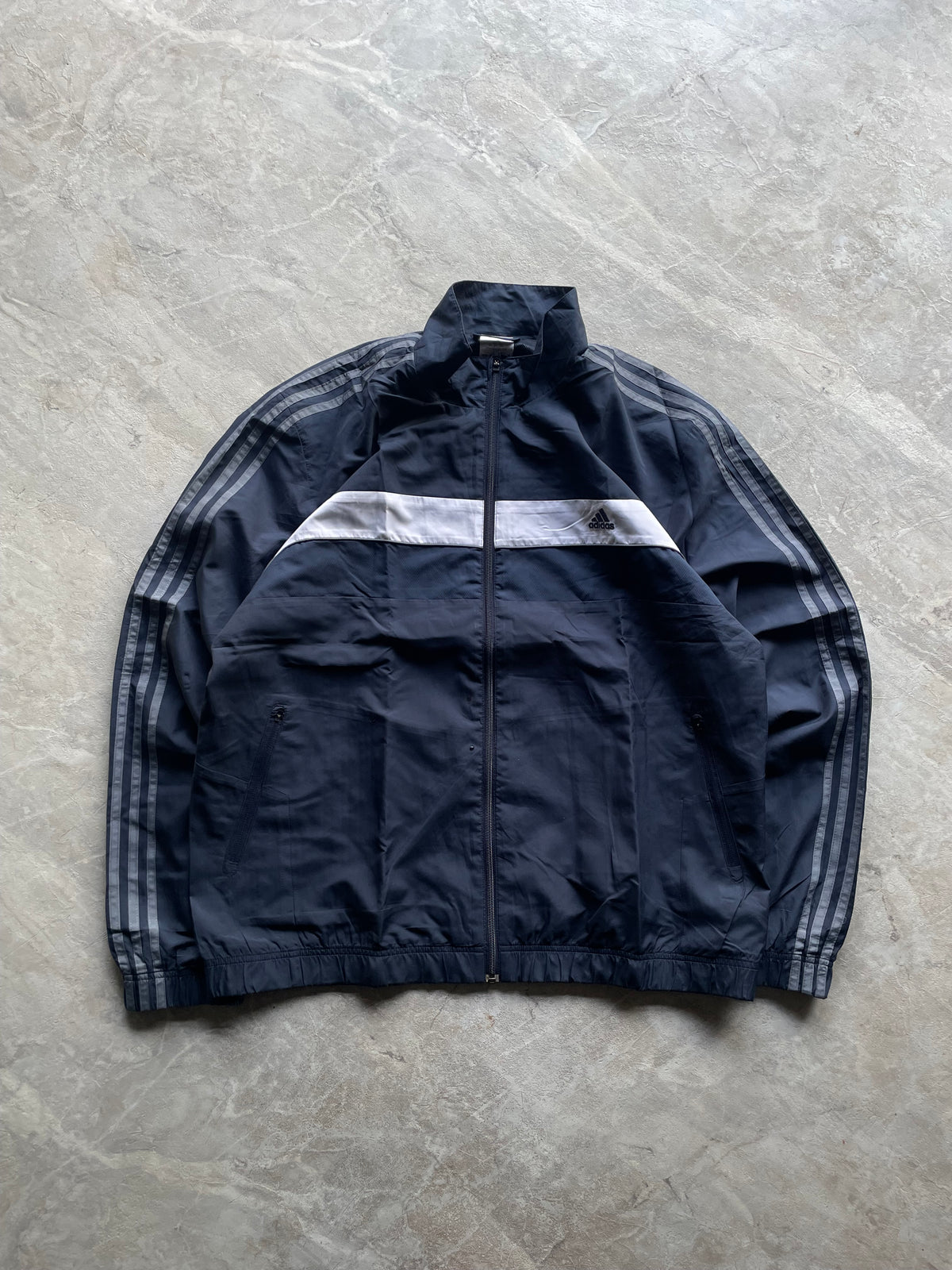 NAVY BLUE AND WHITE ADIDAS TRACK JACKET-XL