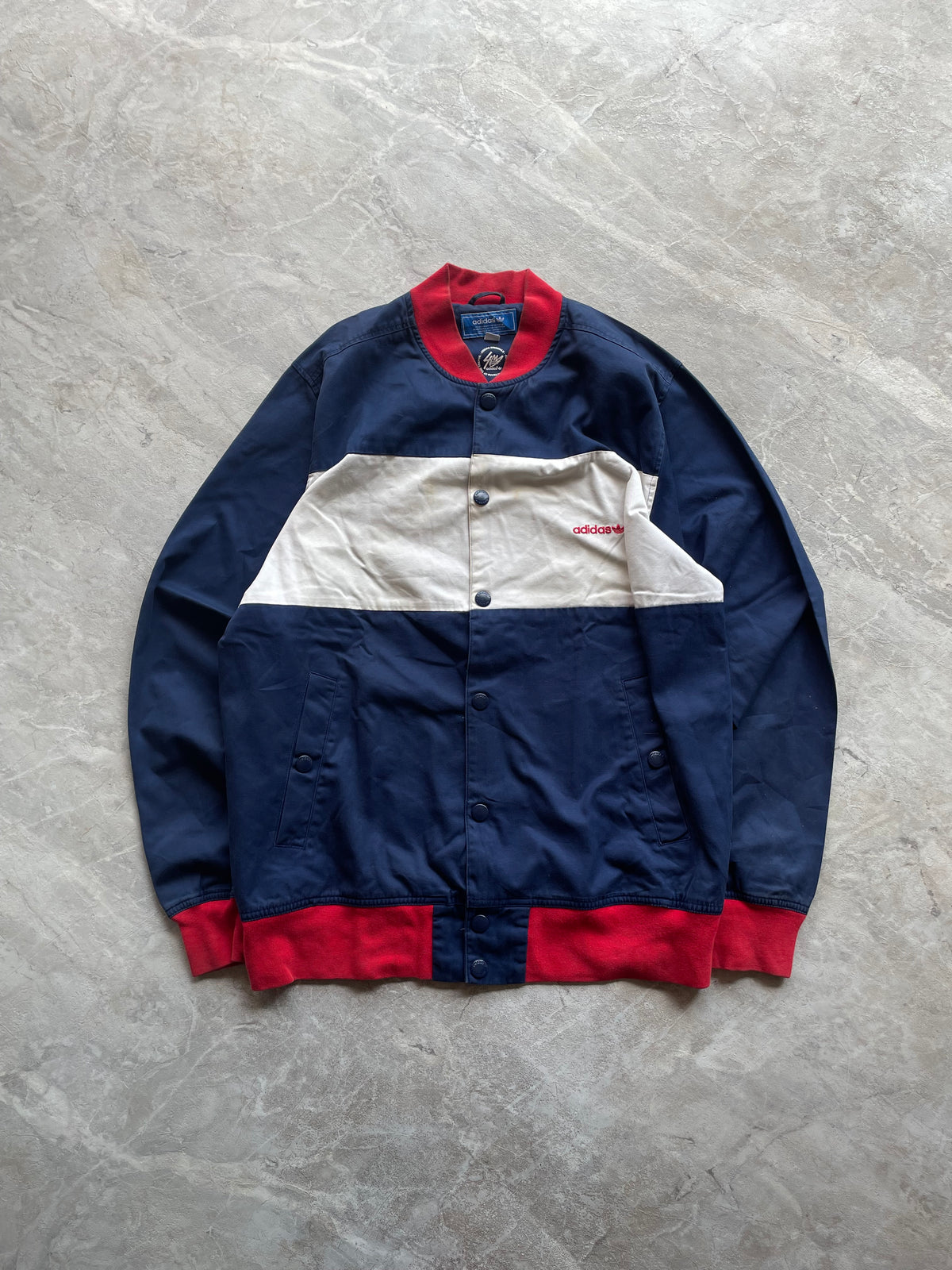 VINTAGE ADIDAS COLORBLOCK SNAP-BUTTON VARSITY JACKET-L