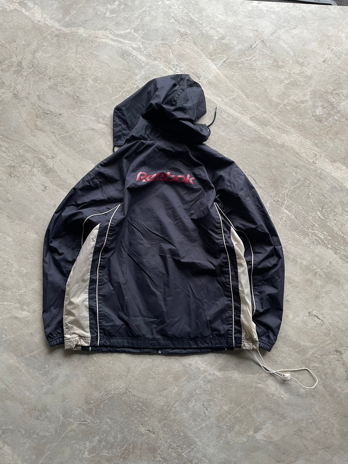 REEBOK BLACK AND WHITE HOODED WINDBREAKER -S