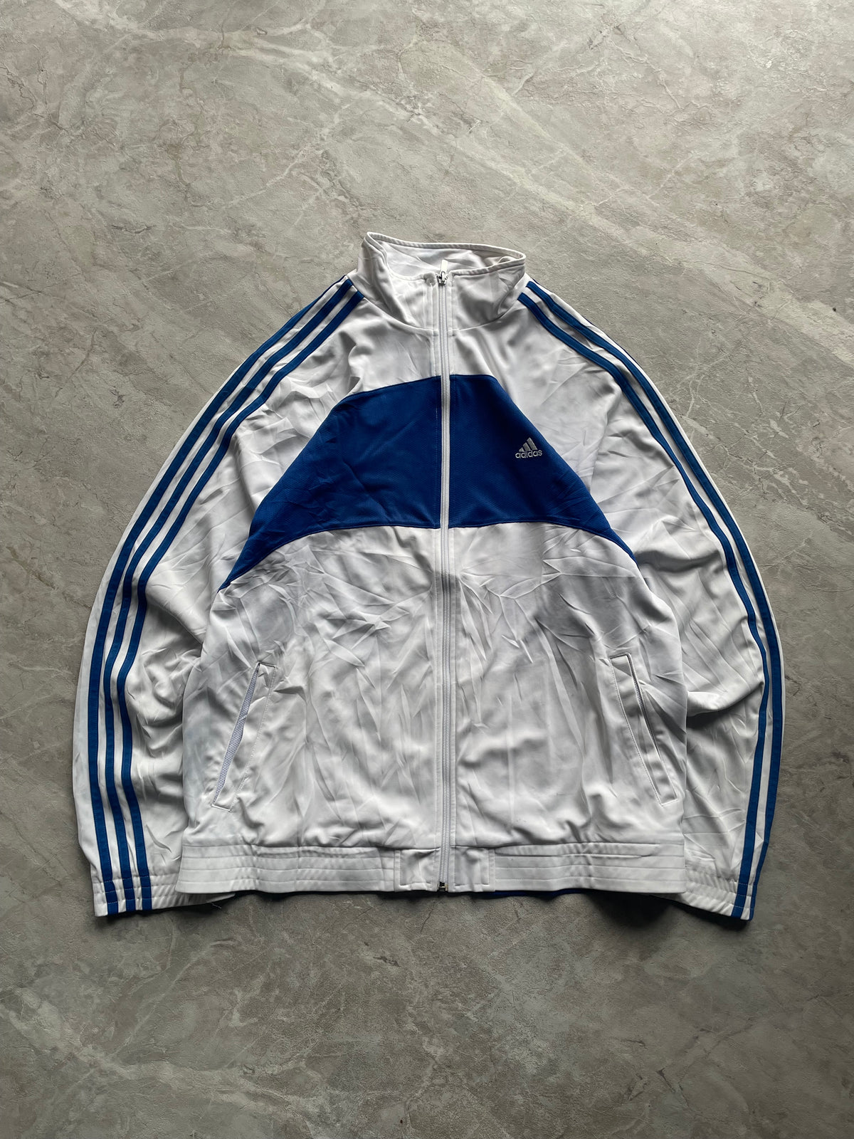WJITE AND LOYAL BLUE ADIDAS TRACK JACKET-L