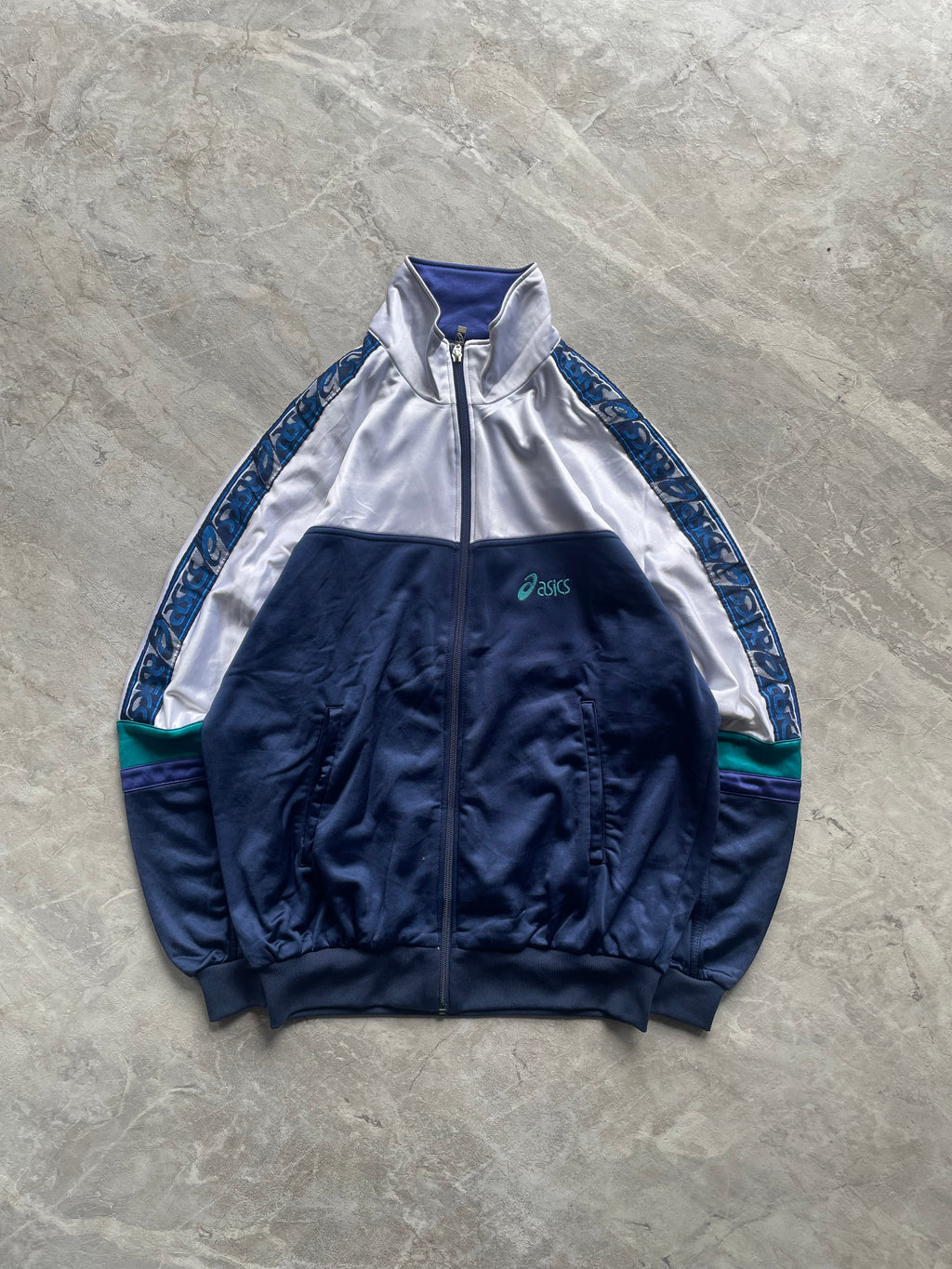 VINTAGE ASICS WHITE AND  BLUE TRACK  JACKET-L