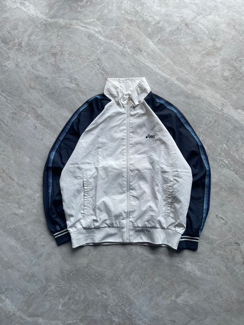 ASICS WHITE AND DARK NAVY COLORBLOCK TRACK JACKET-M