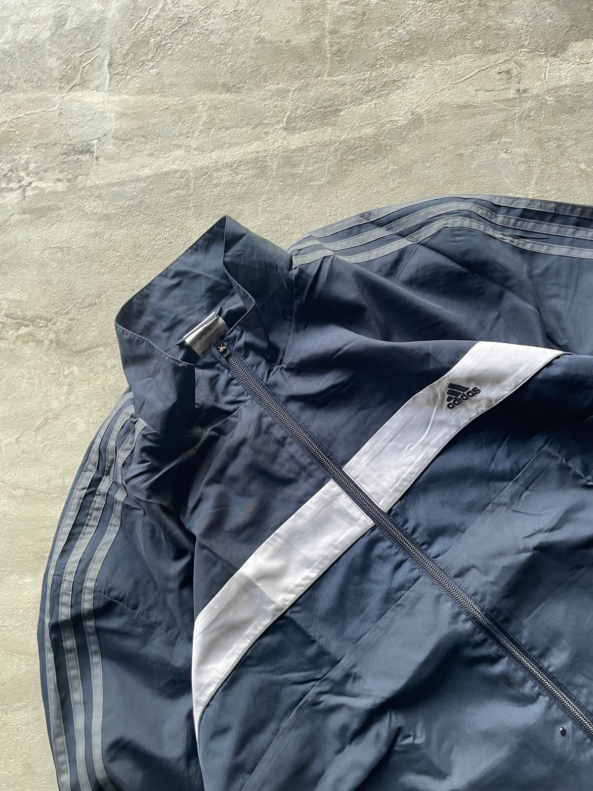 NAVY BLUE AND WHITE ADIDAS TRACK JACKET-XL