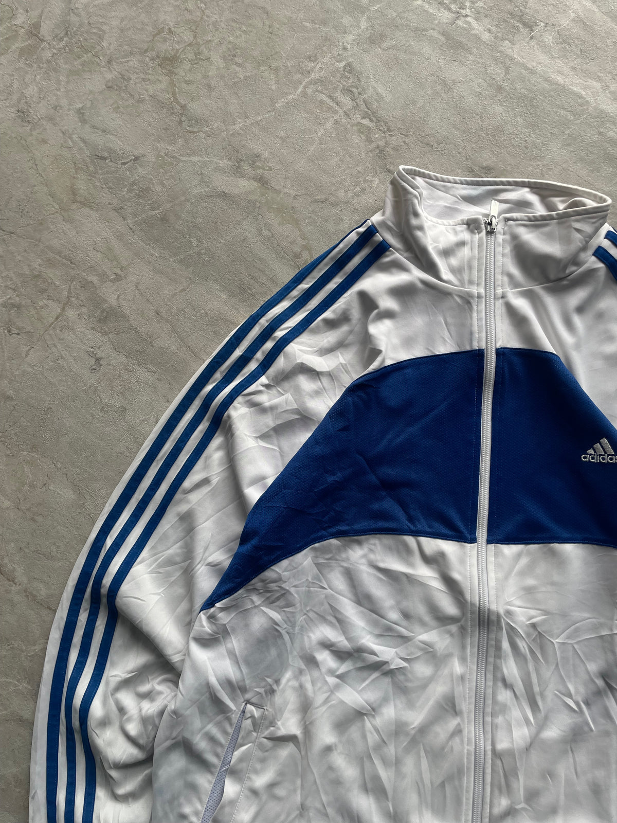 WJITE AND LOYAL BLUE ADIDAS TRACK JACKET-L
