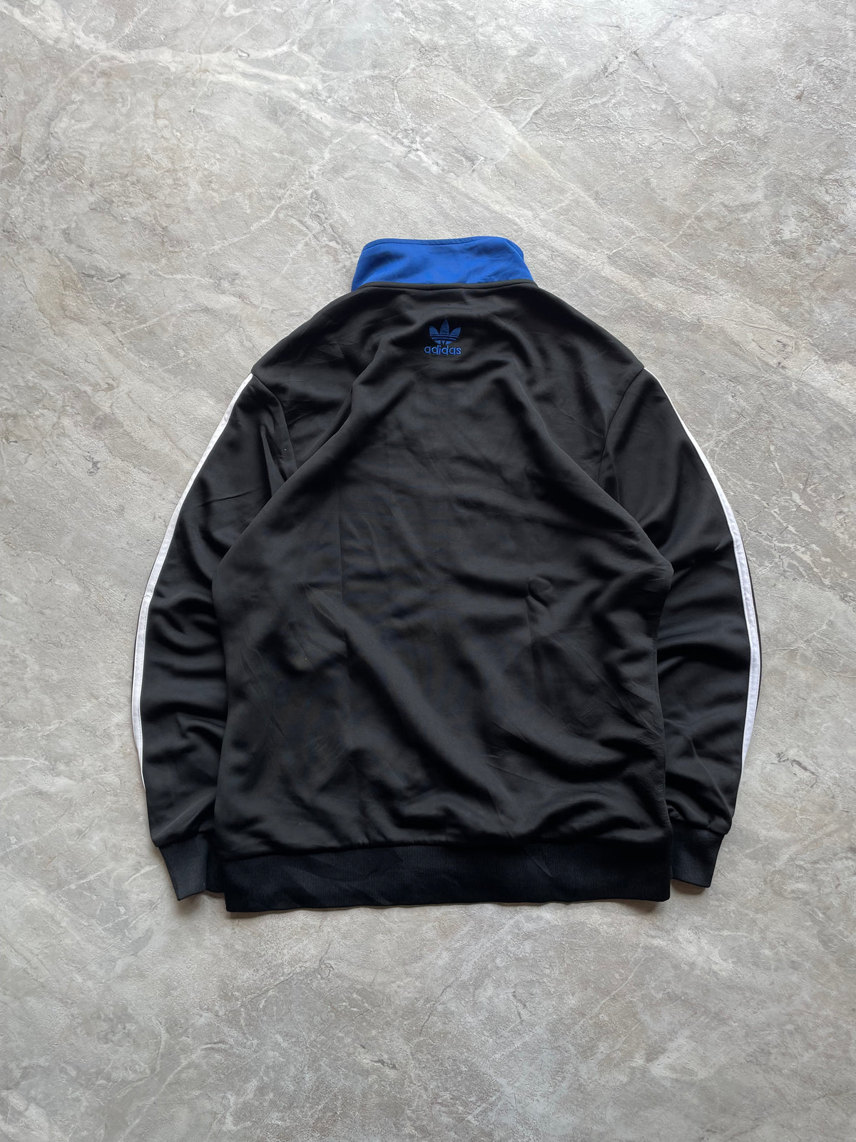 BLUE, WHITE AND BLACK ADIDAS TRACK JACKET-M