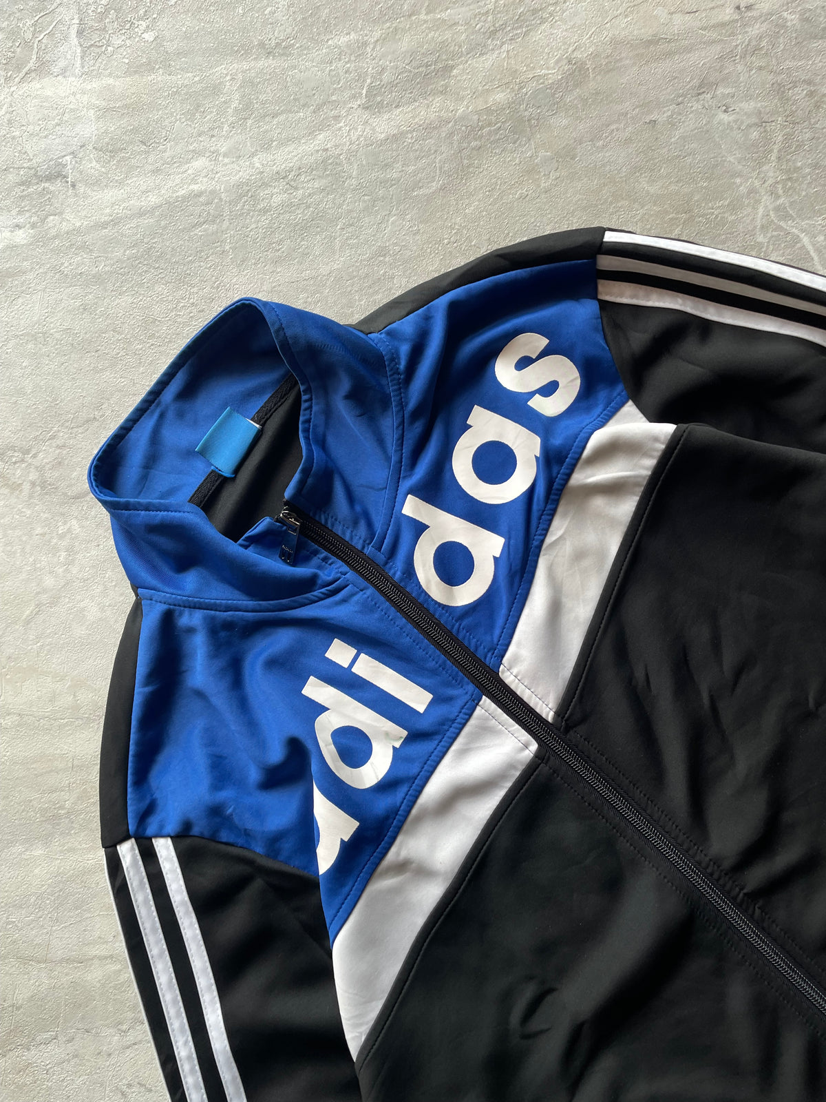 BLUE, WHITE AND BLACK ADIDAS TRACK JACKET-M