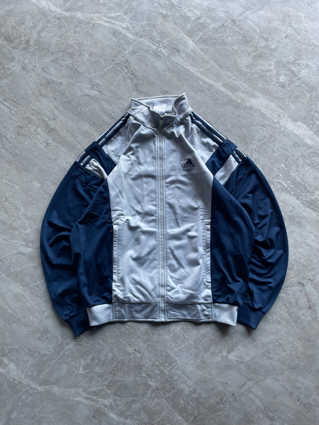 BLUE AND SILVER GREY ADIDAS TRACK JACKET-L