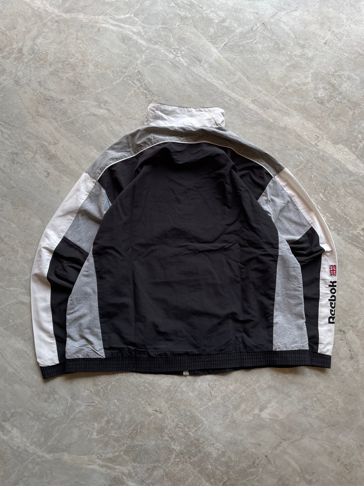 BLACK,GREY AND WHITE REEBOK TRACK JACKET-XL-2XL